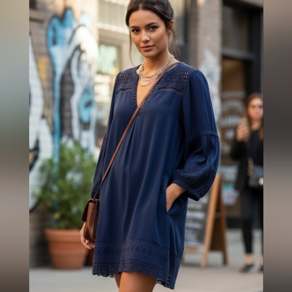 Hale Bob Navy Blue Boho Eyelet Lace Dress Size M